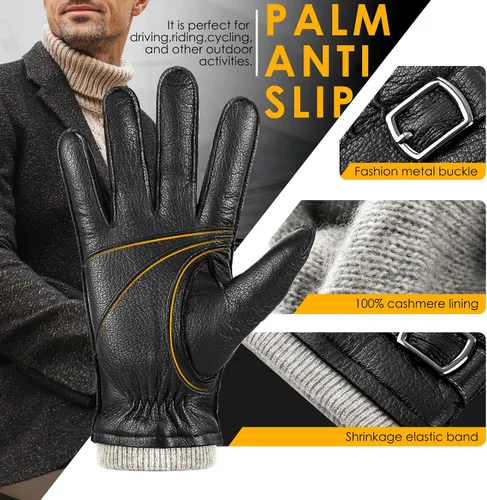 Vista 5 de Guantes de piel de oveja genuina para hombres, guantes de invierno cálidos para pantalla táctil, para conducir, motocicleta, guantes forrados