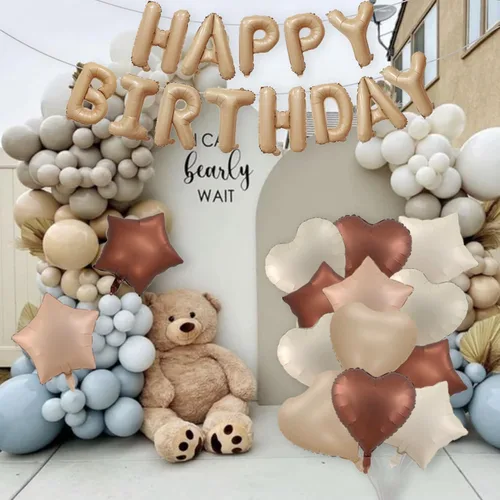 Vista 6 de Globos de papel de aluminio de feliz cumpleaños, globos neutros de color crema, caramelo, beige, marrón, globos de corazón para niñas y niños