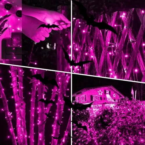 Vista 5 de kemooie 500 luces LED de Navidad rosadas, luces de Navidad de 164 pies para exteriores, enchufables, impermeables, con 8 modos de parpadeo