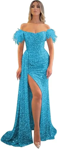 Vista 13 de Vestidos de fiesta de lentejuelas con hombros descubiertos, vestido formal de sirena brillante, vestido largo de fiesta de noche con abertura