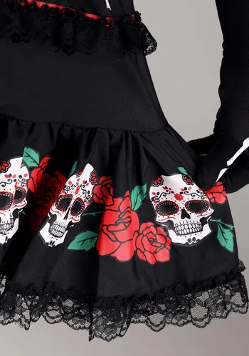 Vista 7 de Disfraz de calavera de azúcar para mujer, vestido con cinturón y tocado floral