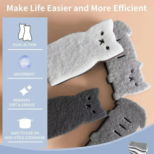 Vista 4 de Esponjas de cocina reutilizables, esponja de plato con forma de gato para lavar platos, esponjas antiarañazos para lavar platos, esponja