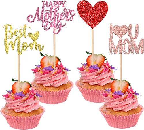 Vista 32 de Rsstarxi 1 paquete de decoración para pastel con flores de purpurina con doble corazón Love Mom Best Mom Best Mom Cake Pick Decoraciones para feliz