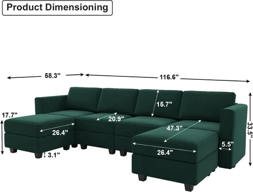 Vista 2 de Belffin Sofá Seccional Modular de Gran Tamaño en Forma de U Sofá Seccional con Chaise Reversible Sofá Modular de Terciopelo en Forma de U con Verde