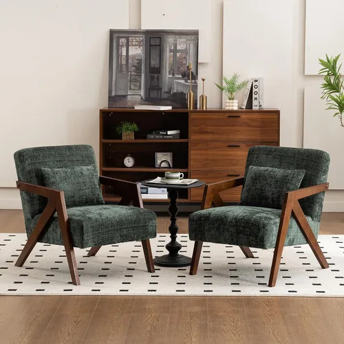 Vista 12 de Silla con acento moderno de mediados de siglo con marco de madera maciza, sillas tapizadas de chenilla para sala de estar con cojín para dormitorio