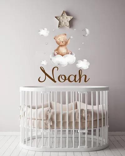 Vista 5 de Calcomanía de pared de oso de peluche con nombre personalizado, luna, estrellas, nubes, acuarela, decoración de habitación de bebé para niños