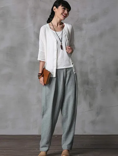 Vista 8 de Minibee - Pantalones informales de lino para mujer con cintura elástica y bolsillos