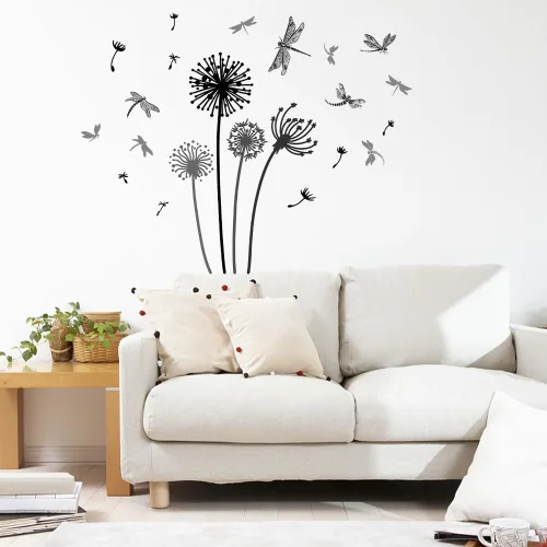 Vista 3 de SUPERDANT Adhesivo de pared de diente de león, libélula, plantas negras, calcomanías de pared de insectos, despegar y pegar, calcomanía de vinilo