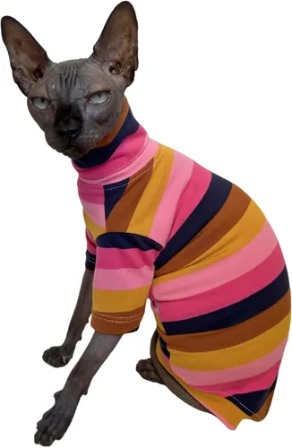 Vista 4 de Camisa de algodón con cuello redondo para gatos sin pelo Sphynx de rayas vintage, ropa para mascotas con mangas, camisetas para gatitos para Sphynx