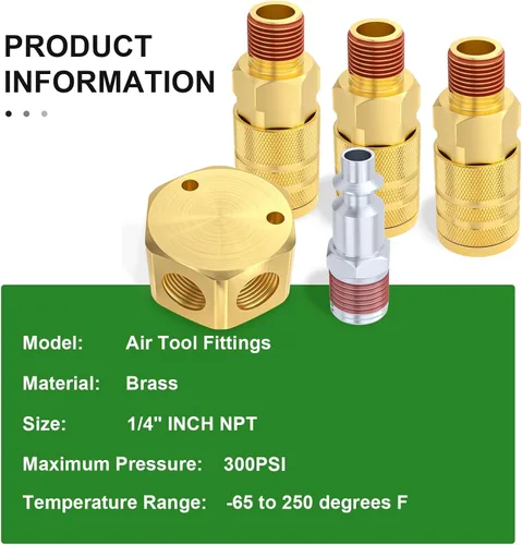 Vista 3 de TAISHER 2Pcs 3-Way 1/4 Inch NPT Hex Style Air Manifold with 3 Pieces Brass Industrial Coupler and Plug, Air Compressor Hose Accessories Quick