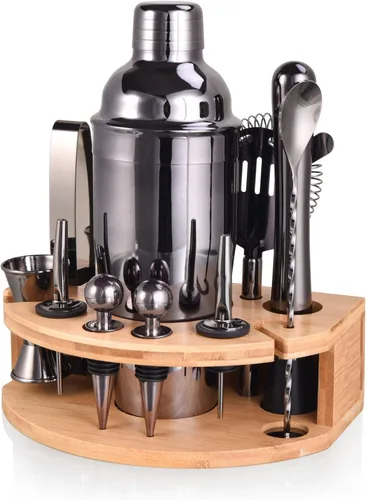 Vista 9 de Kit de Barman con elegante soporte de bambú, juego de coctelera de 12 piezas de 25 onzas para bebidas mixtas, juego de herramientas profesionales