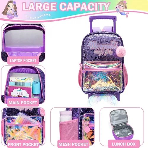 Vista 4 de Meetbelify Girls Rolling Backpack Sequin Rolling Backpacks with Wheels for Girls for Elementary School Bag