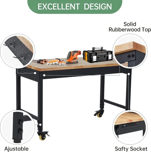 Vista 4 de Work Bench for Garage, 48" Adjustable Workbench with Power Outlets, Wheels, 2000 LBS Load Capacity, Heavy Duty Rubber Wood Top for Garage