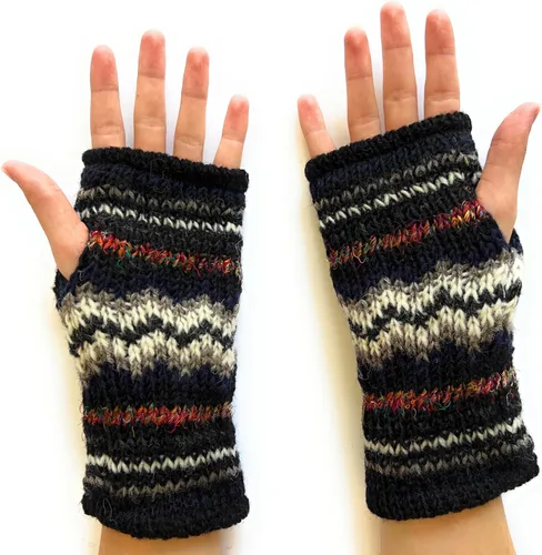 Vista 3 de Guantes de invierno a rayas de punto a mano sin dedos con forro polar de lana cálida, Guantes sin dedos