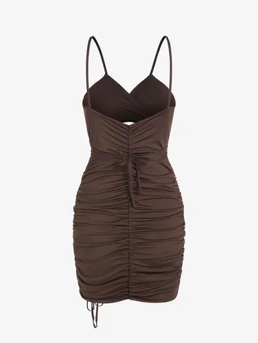 Vista 2 de ZAFUL Minivestido ajustado sin mangas para mujer, con tirantes cruzados, con corte fruncido, entallado y entallado (café oscuro, talla M), Café