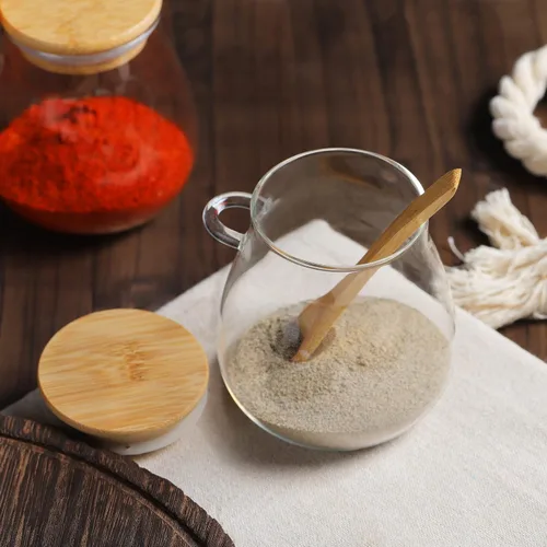Vista 4 de Joeyan Tarro de vidrio con tapa hermética de bambú y cuchara adjunta, recipiente de condimentos para especias de azúcar y sal de 12 onzas, olla