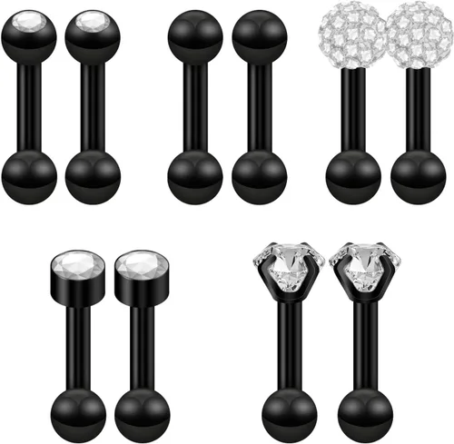 Vista 2 de Juego de 10 aretes de 0.56 oz, aretes de bola con cierre de tornillo, aretes de tuerca para cartílago de hélix, barra con incrustaciones de Negro