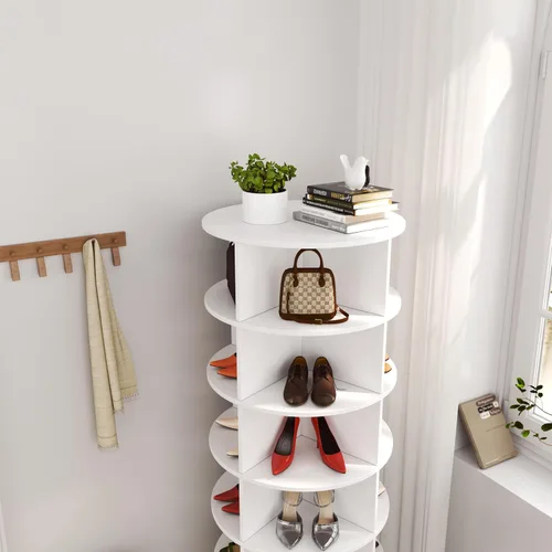 Vista 6 de HomVent Zapatero giratorio, torre giratoria de madera de 6 niveles, organizador de zapatos giratorio de 360°, estante de almacenamiento de zapatos