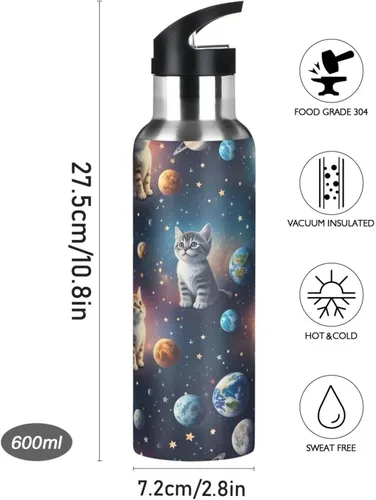 Vista 9 de Stainless Steel Vacuum Insulated Water Bottle 20 Oz, Leakproof Water Bottles for Gym Outdoor Travel School, Cute Cats Space