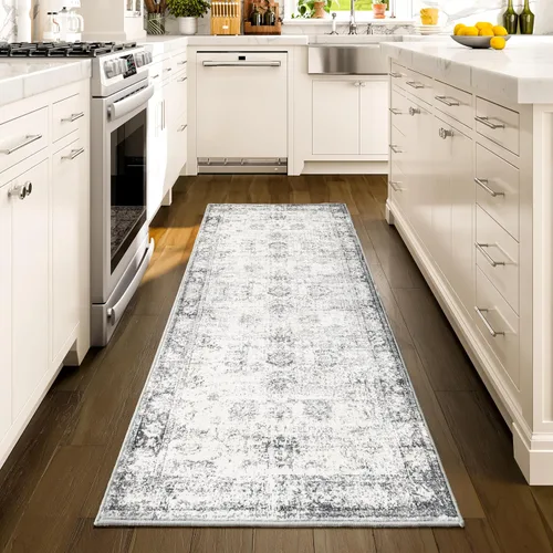 Vista 255 de Istana Alfombra larga antideslizante de 2.5 x 8 para el hogar, para pasillo y cocina, lavable, sedosa y suave al tacto, elegante, color azul y marfil
