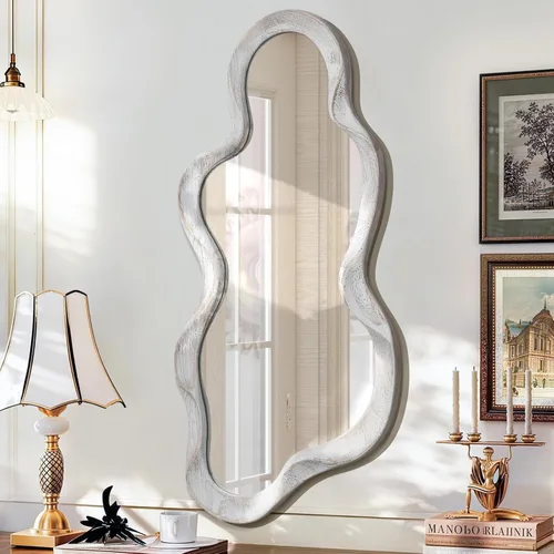 Vista 11 de Espejo asimétrico para decoración de pared, grande, moderno, ondulado, con marco de madera, espejo de pared con forma única montado en pared