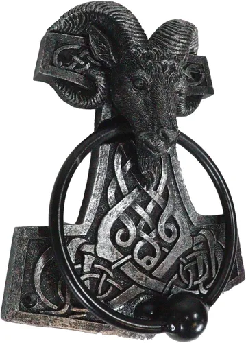 Vista 3 de Ebros Gift Viking Ram Skull Thor Hammer Mjolnir con runas, nudos, figura decorativa para puerta con bola golpeada integrada con acento de mitología