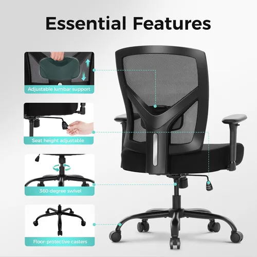 Vista 8 de ALPHA HOME Silla de oficina resistente, ergonómica, silla de computadora de malla con respaldo medio con soporte lumbar, silla de escritorio