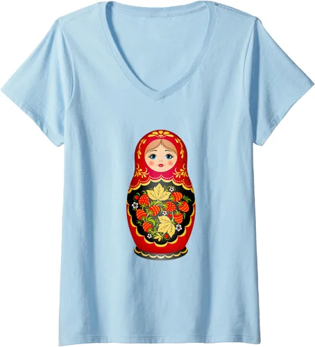 Vista 4 de Hermosa camiseta de Matryoshka Russian Strawberry Nesting Doll con cuello en V para mujer, Negro, S