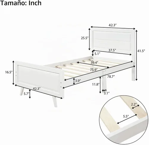 Vista 2 de SOFTSEA Cama de plataforma de tamaño individual con cabecero y estribo, marco de cama de madera maciza con soporte de listones de madera, marco