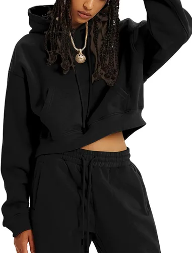 Vista 7 de Dnzzs Sudadera corta con capucha para mujer, sudadera corta de manga larga, forro polar, casual, con bolsillo