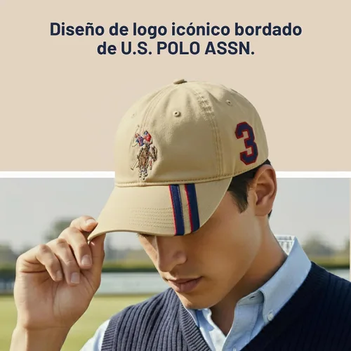 Vista 3 de Concept One US Polo Assn. Dad - Gorra de béisbol ajustable con logotipo de caballo bordado con rayas diagonales Caqui
