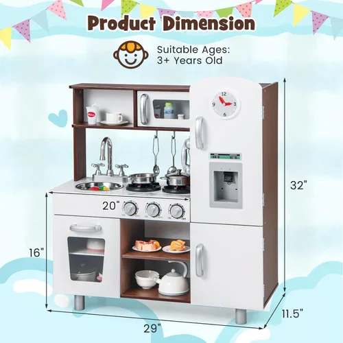Vista 9 de HONEY JOY Juego de cocina para niños, cocina de madera para niños pequeños, utensilios de cocina, teléfono, reloj, dispensador de agua, gabinete