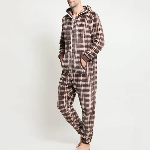 Vista 6 de Plaid Onesie Pajamas for Men Warm Fleece Rompers Full Zipper Jumpsuits Lightweight Tracksuit with Pockets