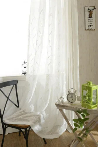 Vista 14 de Cortinas traslúcidas blancas de 63 pulgadas de largo, paneles de gasa bordada con hojas para cocina, sala de estar, dormitorio, ventanas pequeñas