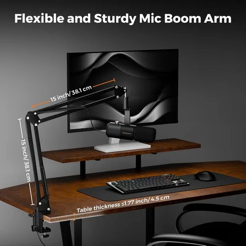 Vista 7 de NearStream Micrófono dinámico XLR/USB con brazo articulado, micrófono para podcast con cancelación de ruido activable/desactivable, monitor