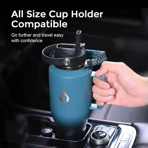 Vista 4 de RAYMYLO Botella de agua aislada de 128 onzas (índigo/negro) + botella de agua aislada para automóvil con asa de 40 onzas (índigo/negro)
