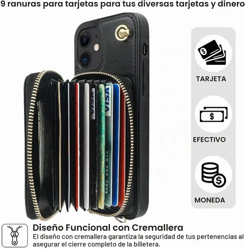 Vista 4 de Bocasal Funda tipo cartera cruzada con múltiples ranuras para iPhone 12/12 Negro