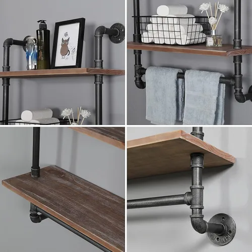Vista 5 de Estante industrial de tubería para baño, estantes de pared montados en la pared, 2 niveles de 19.6 pulgadas de madera rústica, decoración flotante