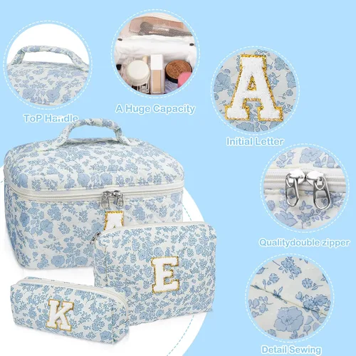 Vista 3 de Set de Bolso de Maquillaje Inicial Junesters, Bolso de Maquillaje Acolchado Personalizado, Bolso de Cosméticos Floral Grande para Mujeres, Bonitos