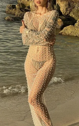 Vista 5 de Leezeshaw Traje de baño de malla transparente con cuentas para mujer, vestido largo tipo túnica de playa para niña