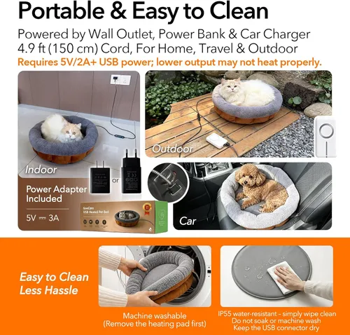 Vista 5 de 5V Heated Pet Bed with Adapter, Dual-Sensor Safety, Cat & Dog, 20