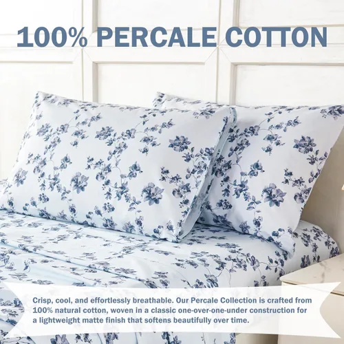 Vista 2 de URBONUR Fundas de almohada 100% algodón tamaño estándar, paquete de 2 fundas de almohada estándar con estampado floral azul, cierre de sobre súper