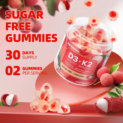 Vista 5 de Gomitas de vitamina D3 K2 con magnesio sin azúcar, 60 unidades Vitamina D3 5,000 UI + K2 (MK-7) 100 mcg - Suplemento de vitamina K2 D3 vegano