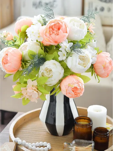 Vista 4 de Ramo de peonías artificiales – Juego de 2 tallos de flores de seda sintética – Ramos listos para el estilo para bodas, decoración del hogar, eventos