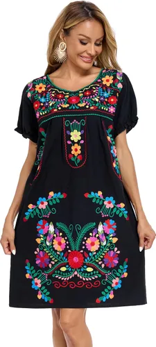 Vista 4 de YZXDORWJ Vestido bordado mexicano de manga corta para mujer 222BK