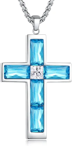 Vista 10 de Collar de cruz con piedra de nacimiento para hombre, collar de cruz de acero inoxidable 316L con colgante de cruz de circonia cúbica para mujer