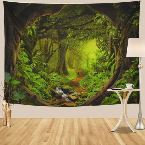Vista 2 de Tapiz de bosque brumoso, árbol de la vida, tapiz de fantasía, paisaje, naturaleza, decoración de pared, selva tropical, selva, bosque, tapiz