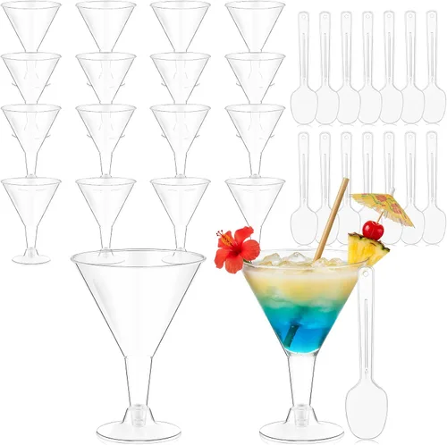 Vista 12 de Yinkin 12 Tazas y 12 Cucharas Vasos de Martini de Plástico Desechables Vasos de Cóctel Mini Tazas de Plástico para Martini Postre PVC Shot