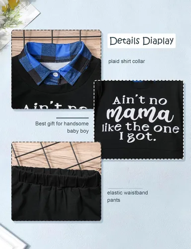Vista 4 de Conjunto de 2 piezas de ropa para niños pequeños, camisa a cuadros con estampado de letras y pantalones largos, 2 piezas para otoño e invierno