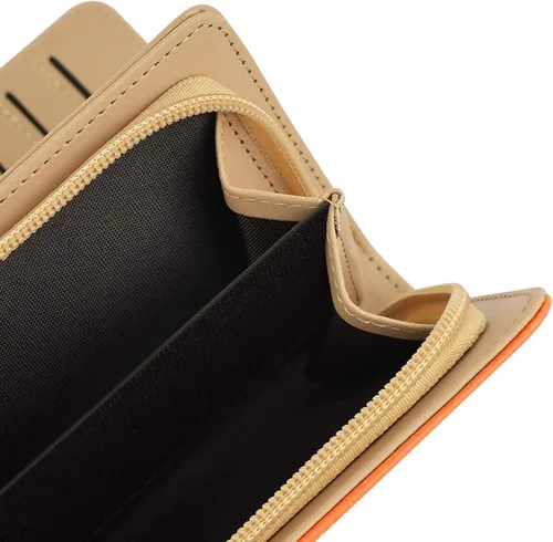 Vista 6 de Cartera clutch con cierre y hebilla, cartera larga porta tarjetas de cuero para mujer, L, Caqui
